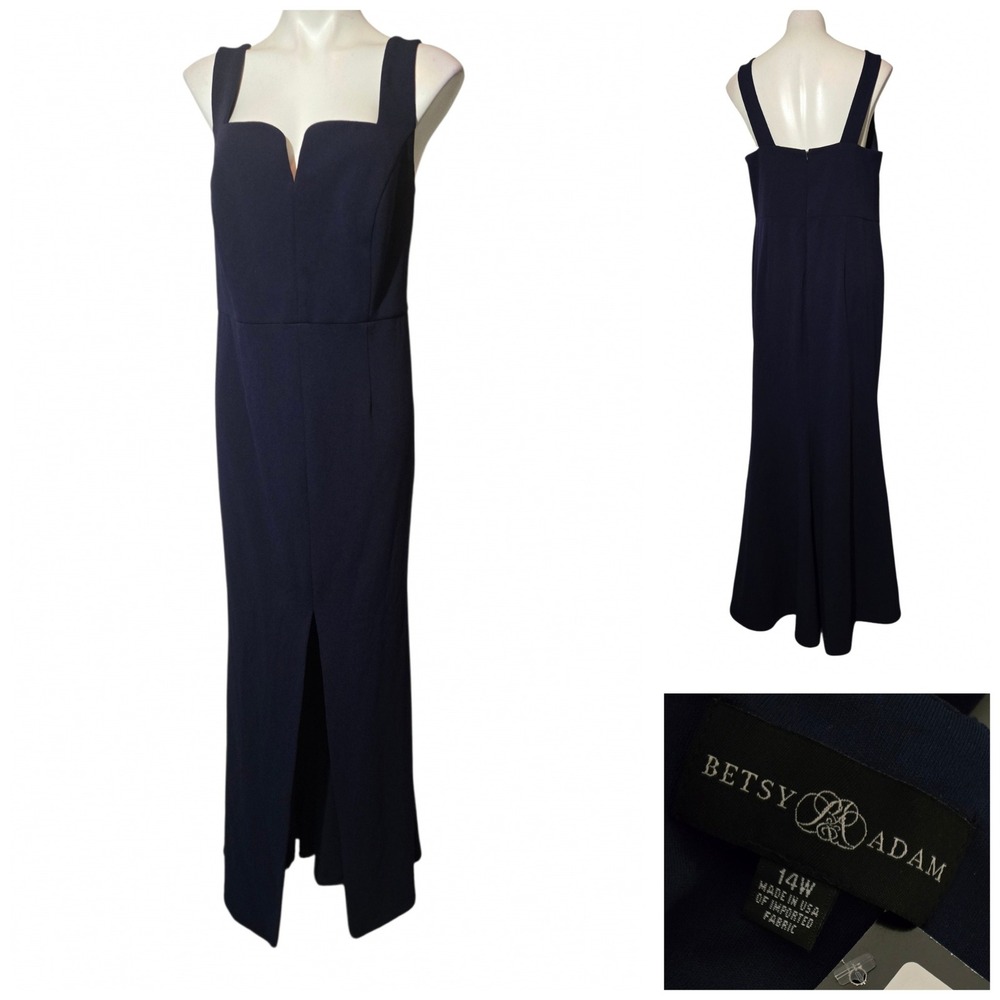 Betsy & Adam Navy Blue Notched Sweetheart Front Slit Gown A22163W 14W NEW